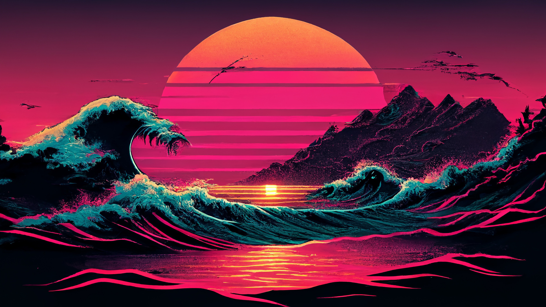 Synthwave sunset 80s retro beach landscape with arching wave